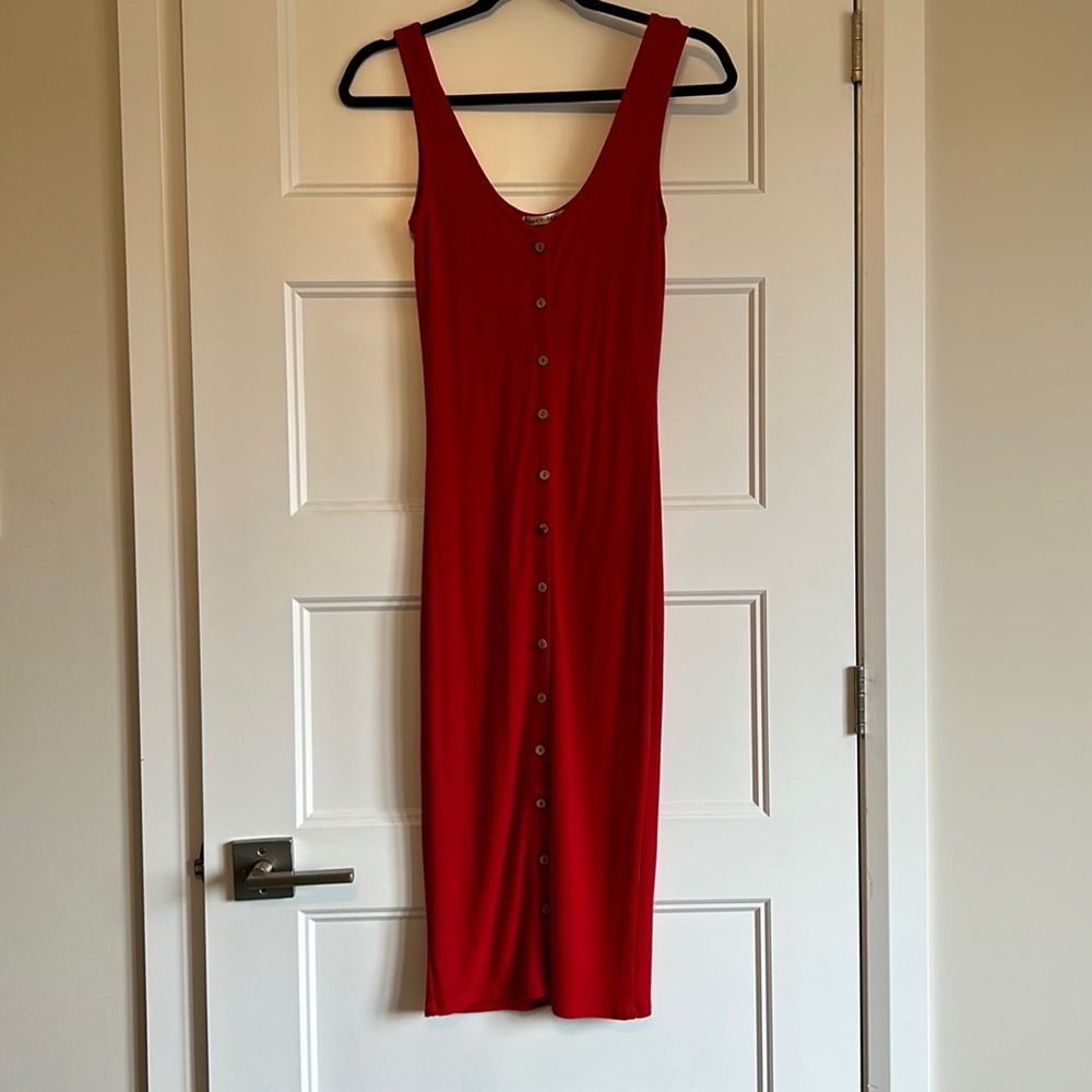 Red Maxi Cotton Tank Dress w/ Buttons